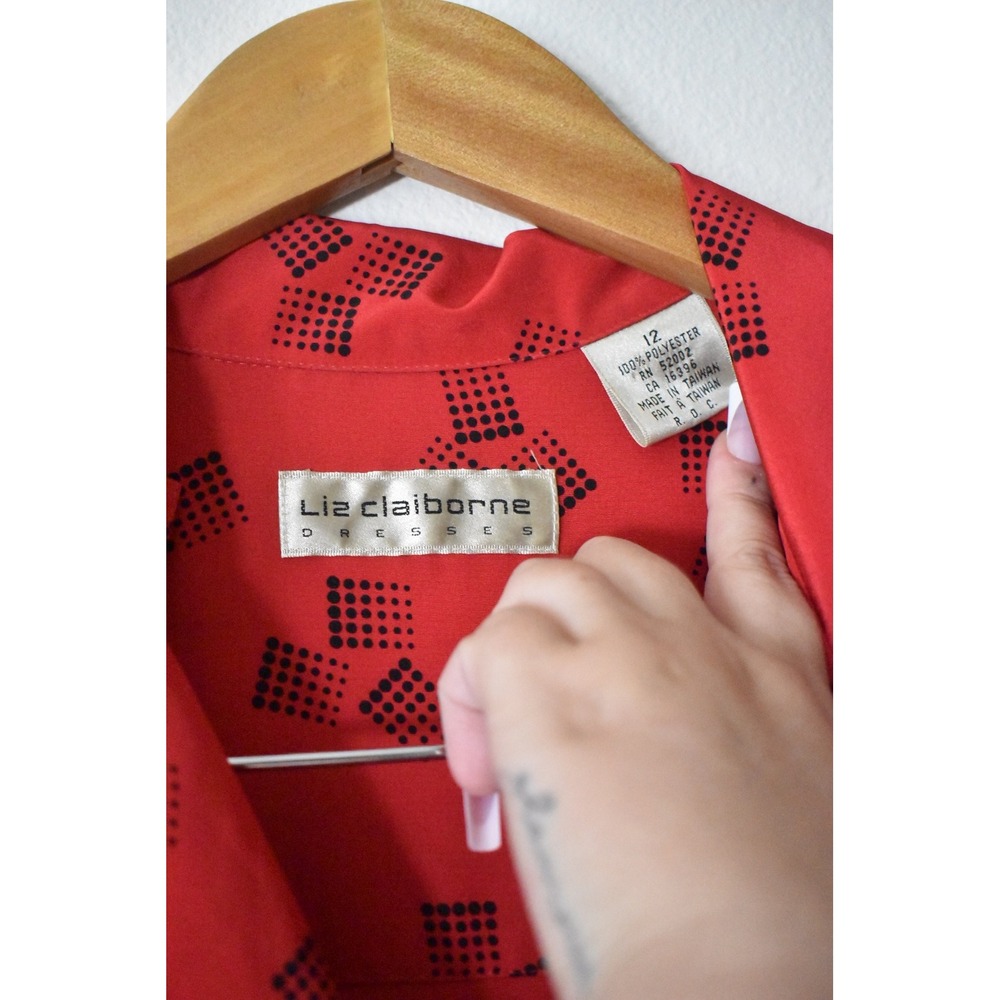 Liz Claiborne Shirt Dress Womens 12 Red 80s Shoulder Pad Geometric Midi 241 - Picture 9 of 10